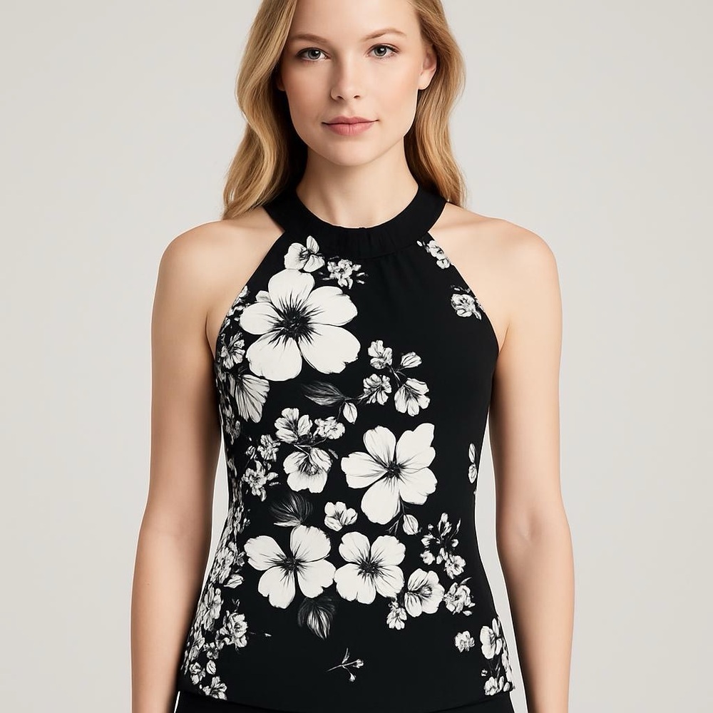 White House Black Market Floral Halter Top XXS | Black White Sleeveless Blouse - Picture 2 of 7